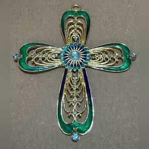 Sapphire Rhinestones Gold Tone Ornate Blue Green Resin Enamel Cross